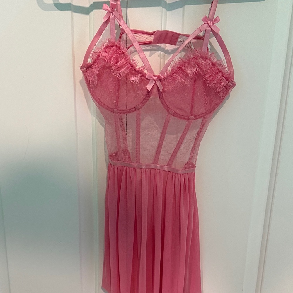Pink Sheer Lace Babydoll Chemise Nightdress